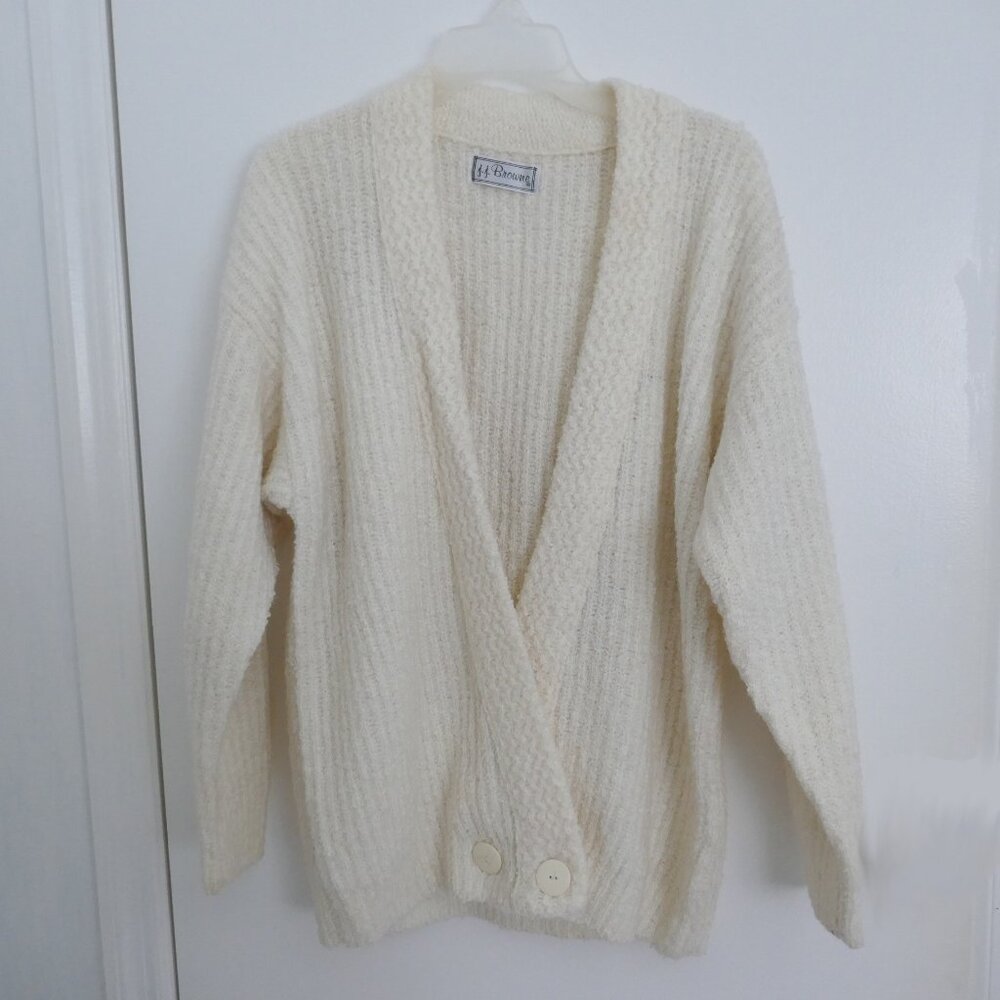vintage 80s JJ Browne deep v-neck oversized ivory white boucle ribbed cardigan